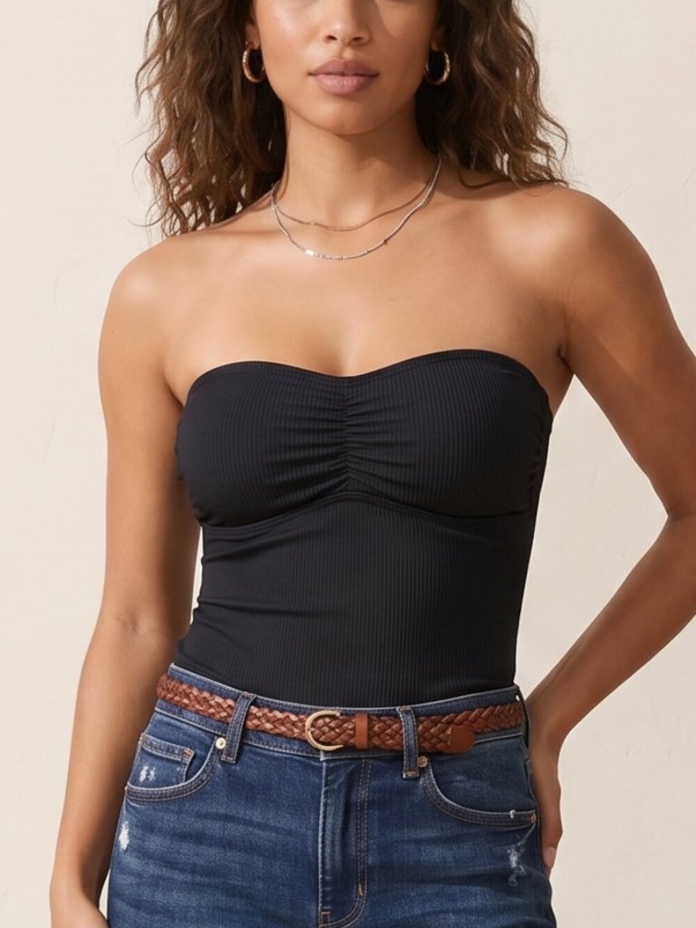 NWT | Black Fine Ribbed Bandeau Tank Top | Removable Straps | Size Medium